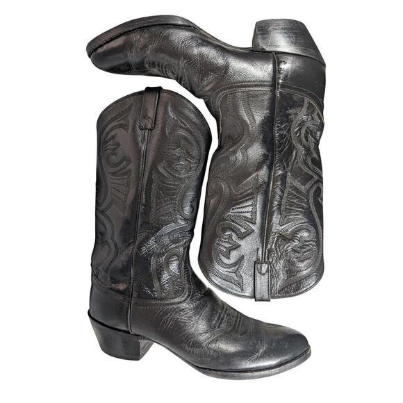 OLD WEST! BLACK GENUINE LEATHER FANCY STITCHED WESTERN COWBOY BOOTS! SZ 10.5 main image 13